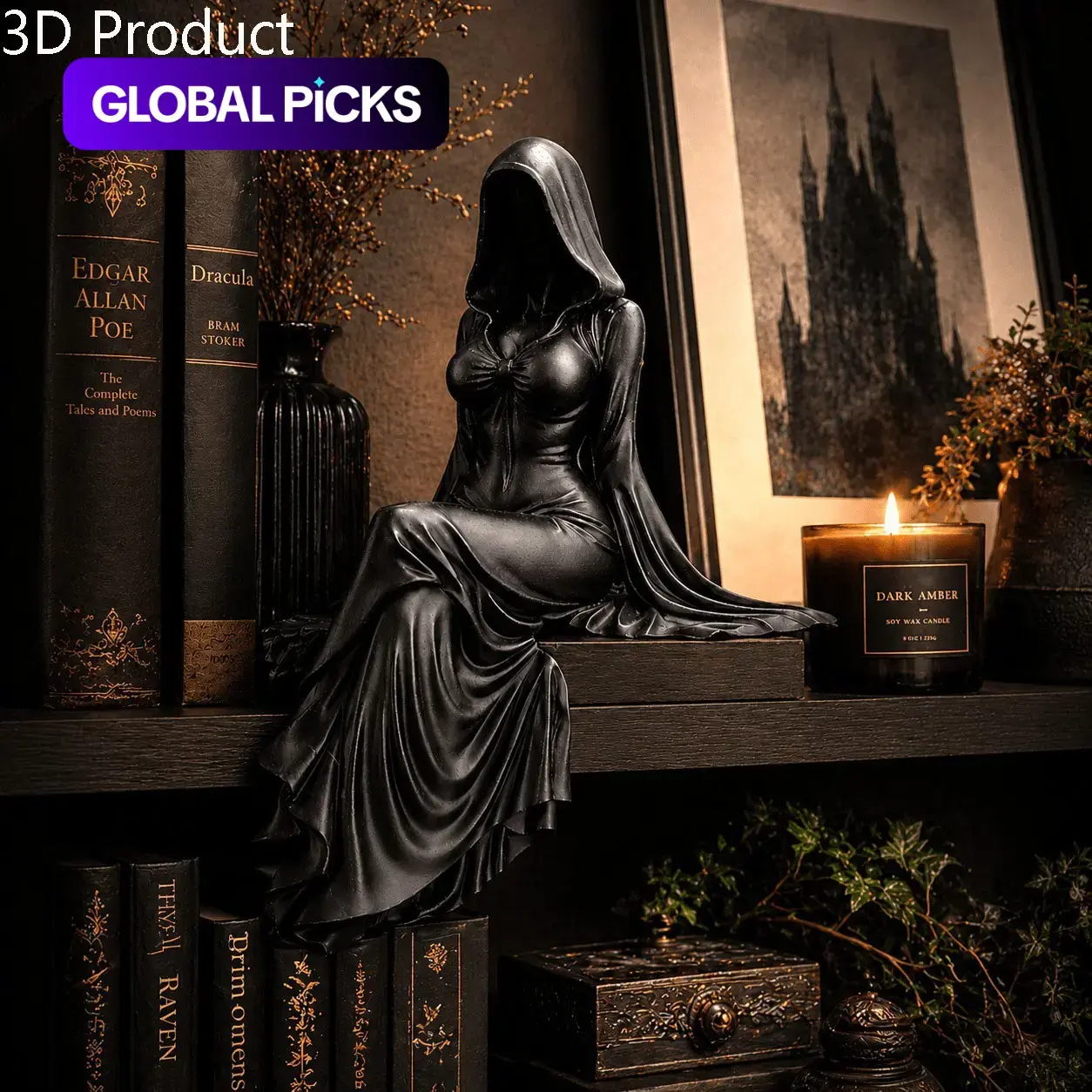 Gothic Lady Reaper Figurine, Dark Academia Bookshelf Decor, Mysterious Hooded Woman Statue, Witchy Spooky Accent for Alt Aesthetic, Decorative Home Figure