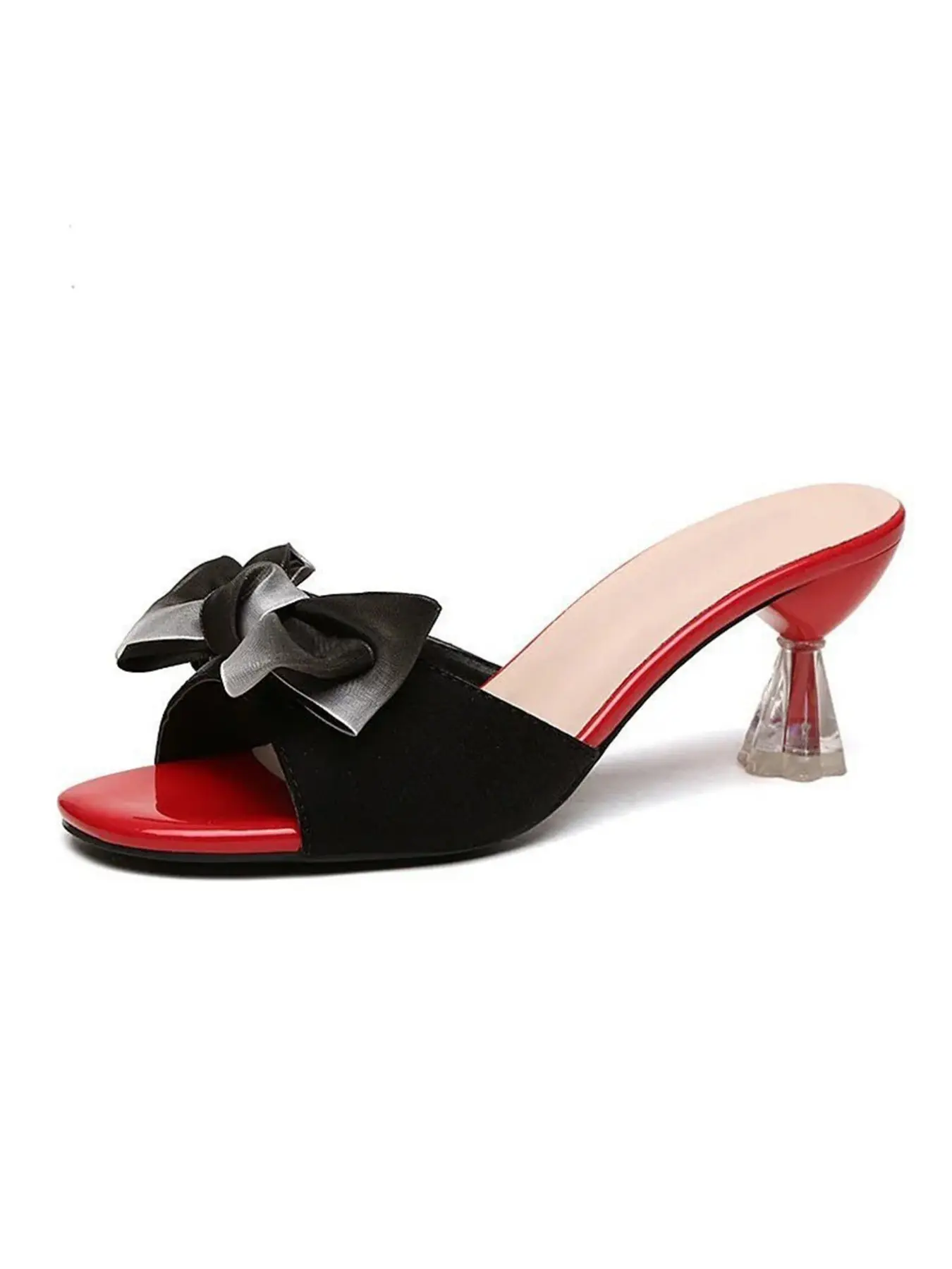 French Color Block Bow Crystal Heel Slippers, Elegant Open-Toe High Heel Sandals, Fashionable Versatile Shoes for Dates and Office