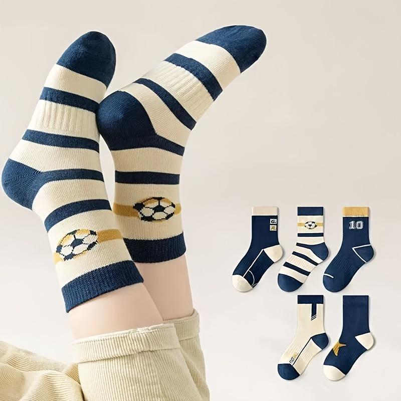 5-pair pack of striped football socks for children, boys' trendy and versatile mid-calf socks suitable for all seasons