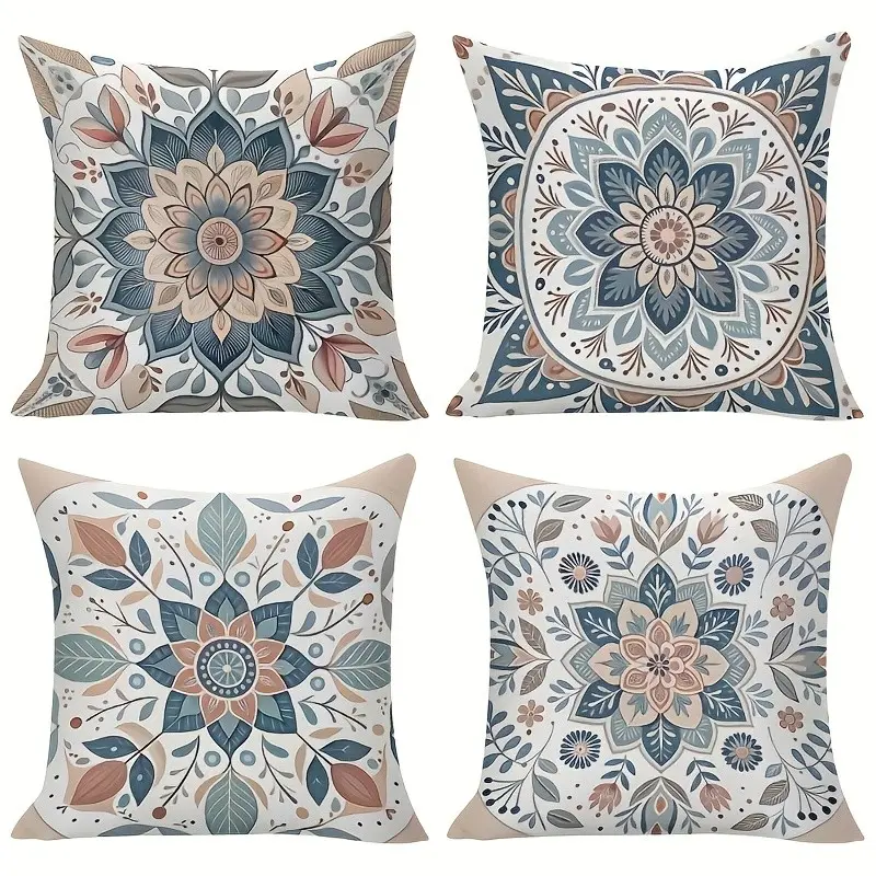 4 Piece Bohemian Mandala Pillow Covers, Elegant Art Sofa Bed Headrest Cases, Home Decor with Zipper Closure, Outdoor Living Room Bedroom, Cushion Covers