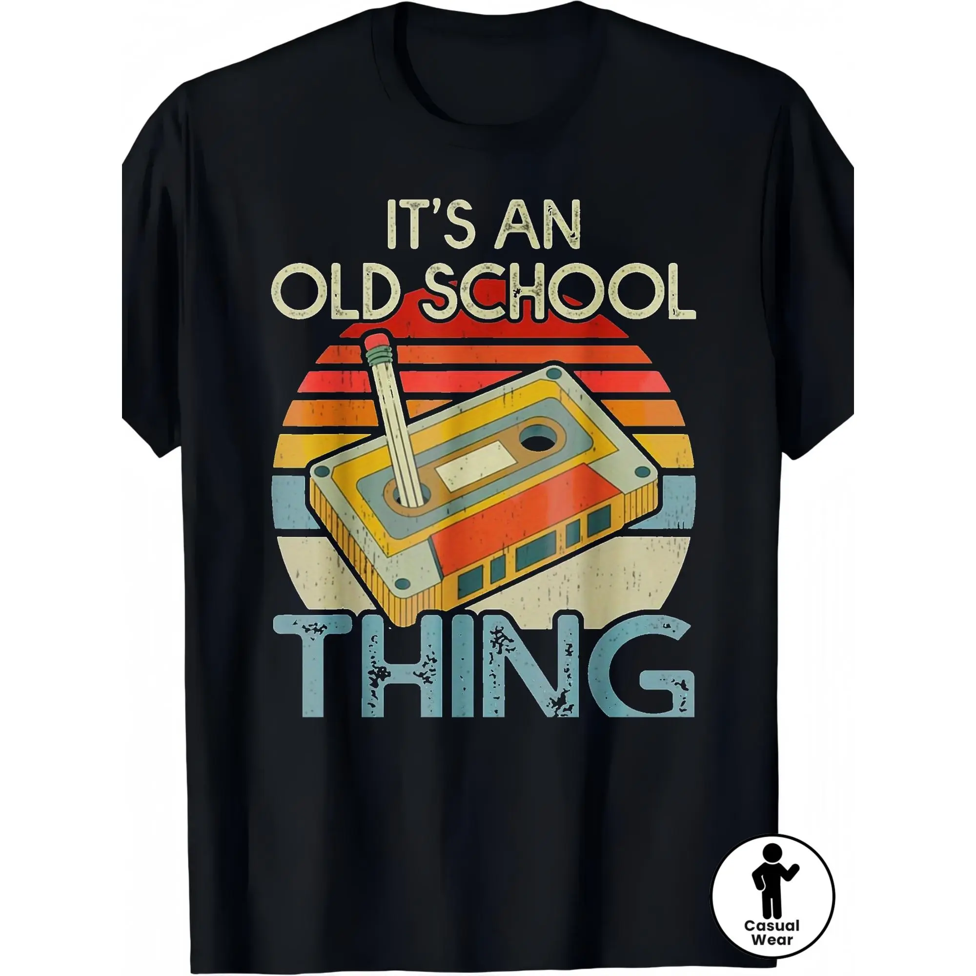 Vintage Cassette Tape Pattern T-Shirt- Unisex 80S And 90S Music Design, Casual Crew Neck T-Shirt, Black Stripes And "This Is Old School Style" Print, Retro T-Shirt