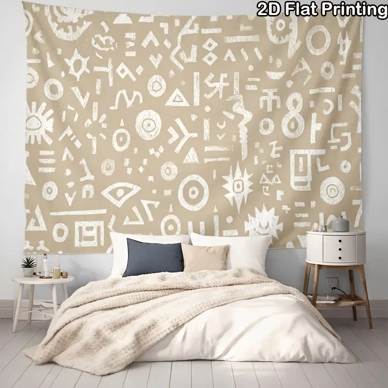 2D Flat, 2D Flat 1pc Beige Background with White Patterned Abstract Symbol Decorative Art Tapestry for Bedroom Headboard/Living Room Accent Wall/Study Wall/Meditation Room, Photography Studio Prop/Live Stream Backdrop, Enhances Artistic Sense