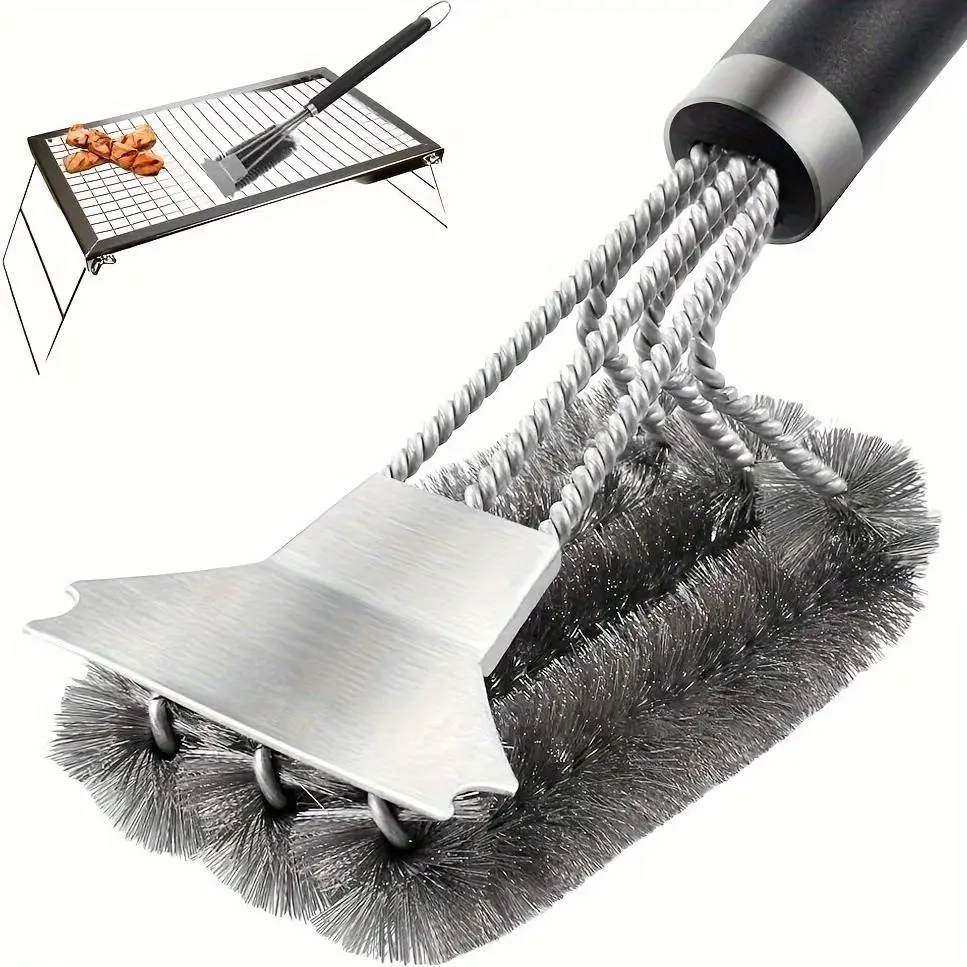 1Pc 3-Head Long Handle Grill Brush, Stainless Steel Bristles with Scraper, for Gas & Charcoal Grills, Rust Resistant Heavy Duty Grill Cleaner, Efficient Grease & Residue Remover, Great for Outdoor Cooking & Barbecue