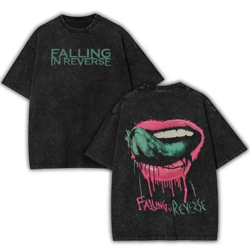 Retro Falling in Reverse Lips band t shirts Washed Tee, vintage clothing Rock Band, Oversize Streetwear Heavy Top, Unisex Alternative Metal Concert grunge clothes