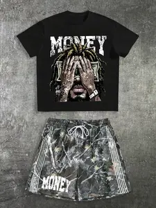 Men's Money Graphic Tee & Camo Shorts Outfit Set, Hip Hop Streetwear Co Ord, Drawstring Casual Two Piece Tracksuit #MoneyPrintSet #HipHopOutfit #CamoShortsSet #StreetwearCoOrd #TikTokMadeMeBuyIt