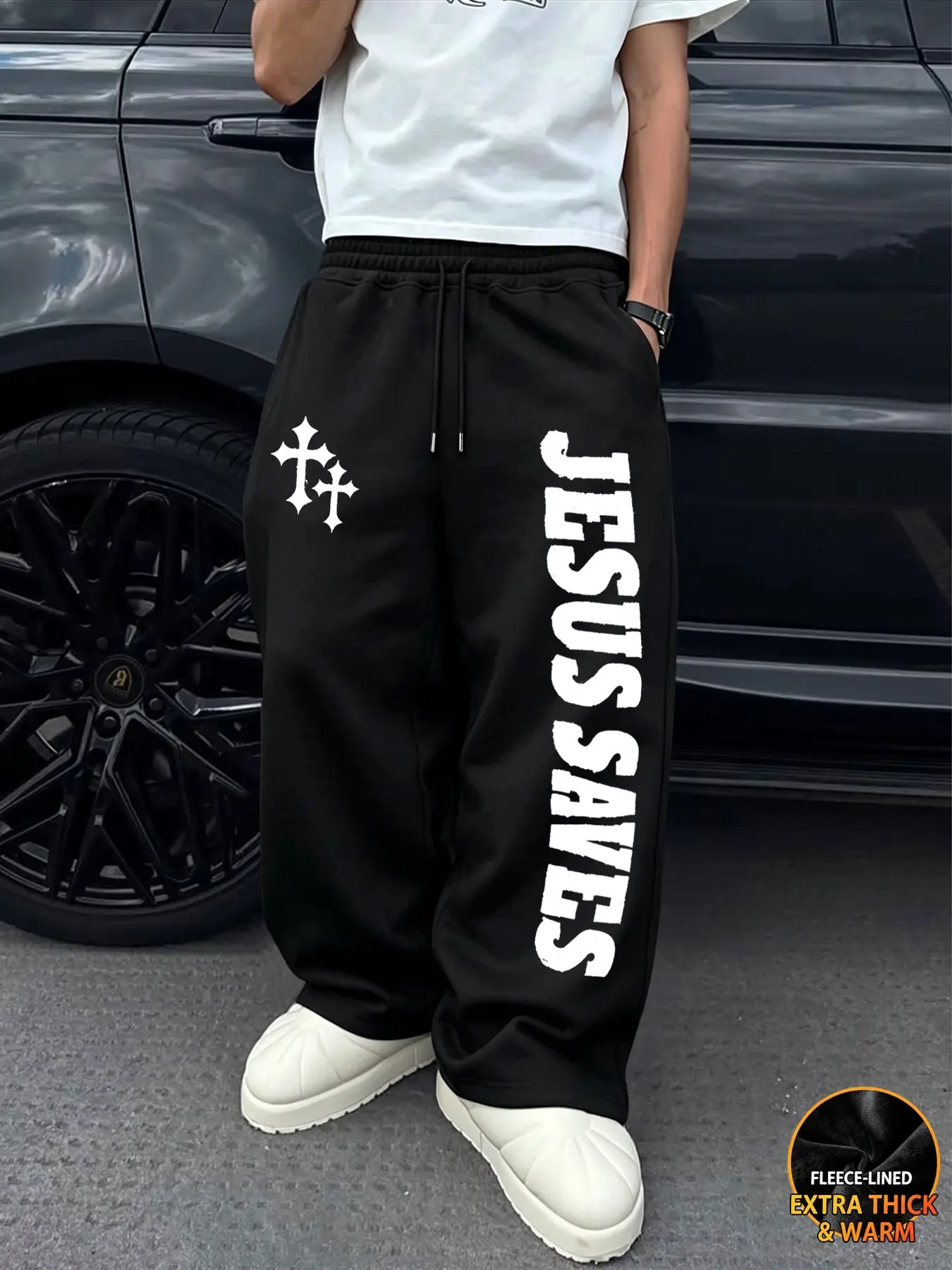 Men's Fall Winter Fleece Wide Leg Sweatpants, Elastic Waist Drawstring, Jesus Saves Print, Thick Fleece Lining, Loose Fit, Trendy Casual Pants, Graphic Track Pants