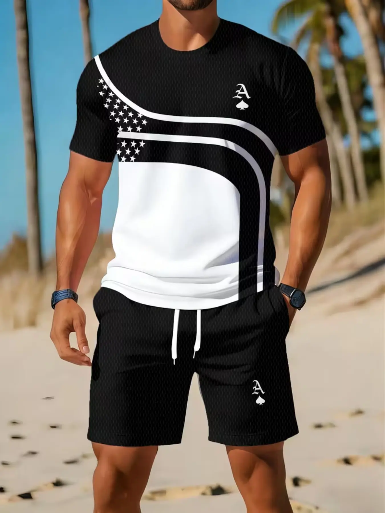 Men's Casual Sport Set, Breathable Outdoor Tee and Shorts, All-Over Print, Fitted, Summer Digital Printing, Adult Men's Clothing