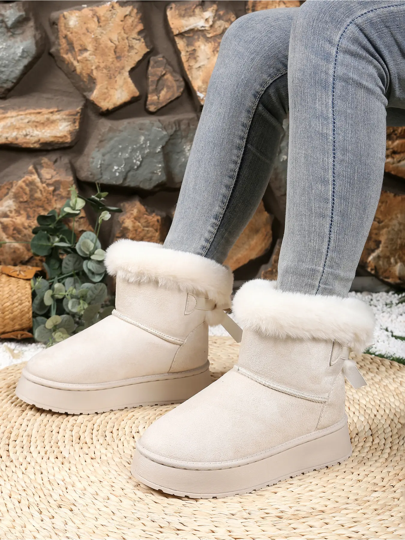 Sweet Bow Fluffy Fur Cuff Chunky Lug Sole Snow Cotton Boots Wide Faux Rabbit Fur Shaft Thick Fleece Lined Back Ribbon Commuter Cold Weather Short Booties