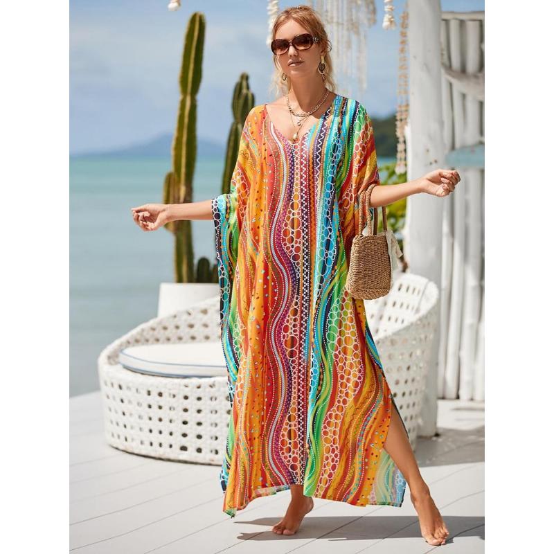 All Over Batwing Sleeve V Neck Maxi Dress,  Moo Moo Dress Summer Designer Clothes, Womenswear Boho Comfort Womenswear Half Sleeve Kaftan for Lady, Holiday Dresses, Clothing for Casual Wear Back To School Moo Moo Dresses