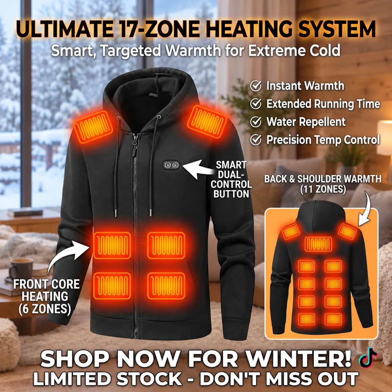 17-Zone USB Heated Fleece Lined Hooded Jacket, Smart Dual Control Zipper Long Sleeve Warm Thermal Outdoor Top for Cold Weather Camping and Daily Commute