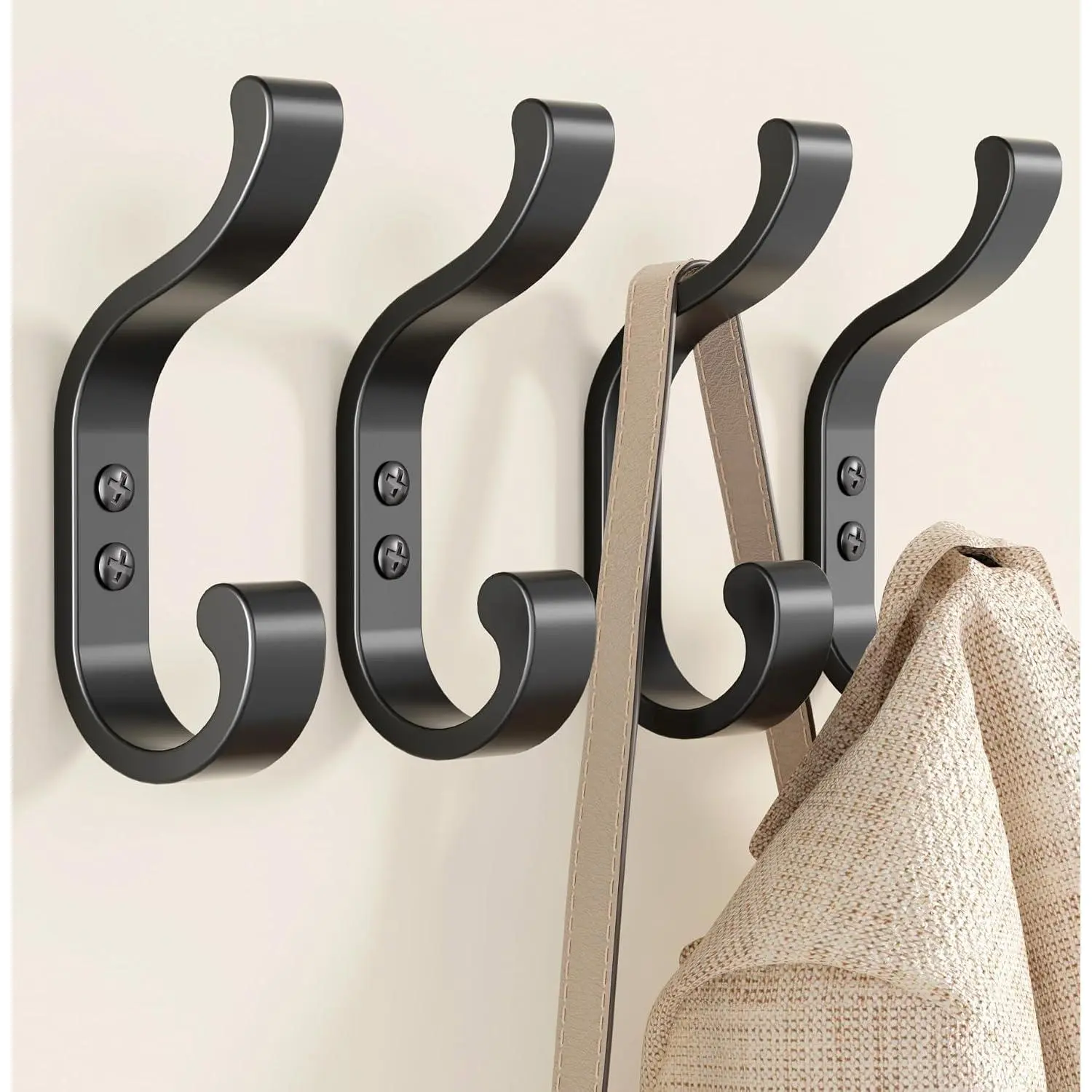 Coat Hooks Wall Mount,Heavy Duty Wall Hooks for Backpack,Towel,Black 4 Pack | Large Coat Hangers Holds 30LB, Metal Screw-In Hooks for Door, Closet, Bathroom, Clothes, Purse, Bag, Jacket, Robe