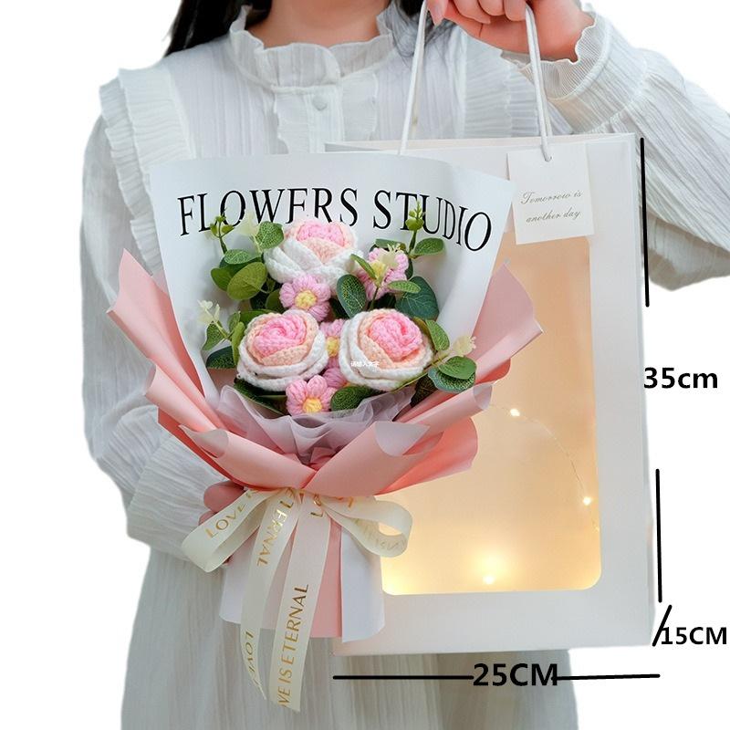 Finished Hand-Knitted Rose Yarn Bouquet, Creative Gift for Girls, Birthday, Teachers' Day, Valentine's Day, for Foreign Trade