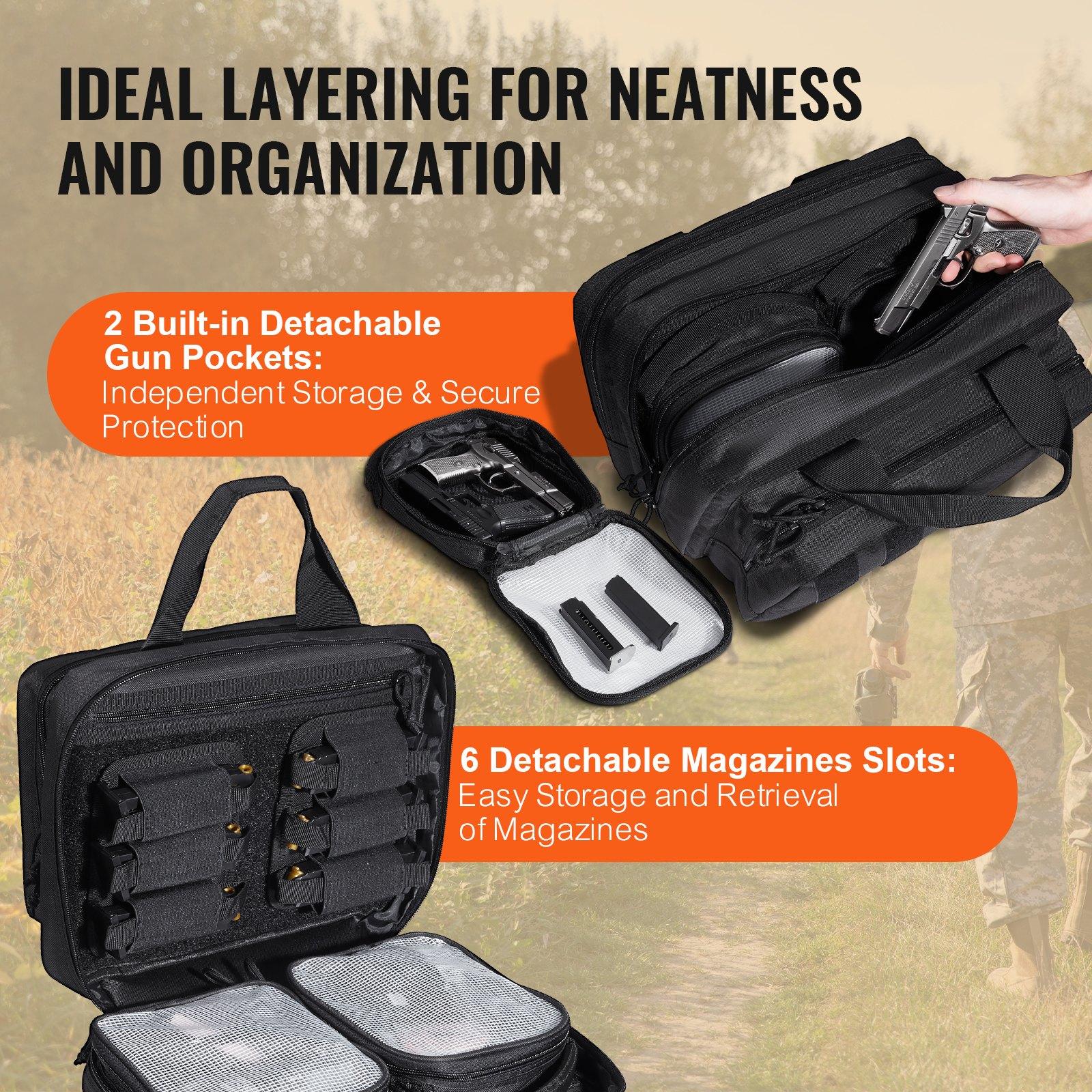 VEVOR Range Bag for 2 Pistols, Tactical Gun Bag with 2 Built-in Removable Pistol Bags & 6 Detachable Magazines, Gun Range Bag for Outdoor Hunting Shooting, Lockable Carrying Handgun Bag Case, Black