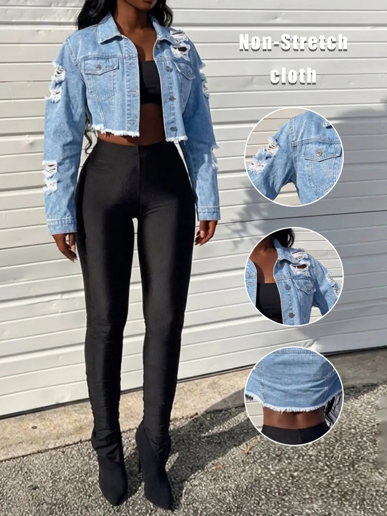 Women Light Wash Distressed Ripped Cropped Denim Jacket, Frayed Raw Hem Long Sleeve Trucker Jean Coat, Y2K Streetwear Outerwear