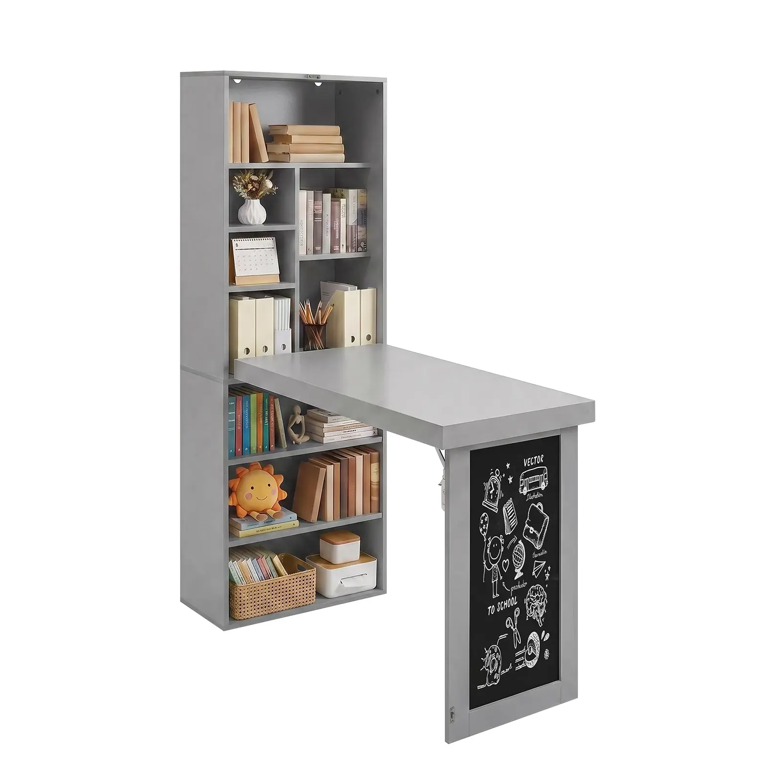 ARCH Folding Wall-Mounted Convertible Desk with Storage Shelves and Chalkboard, Fold-Out Writing Table for Small Spaces, Home Office, Craft Room, Grey MDF, 60.27" H x 20" D x 9.84" W, Grey Color Options, MDF Material, Casual Style