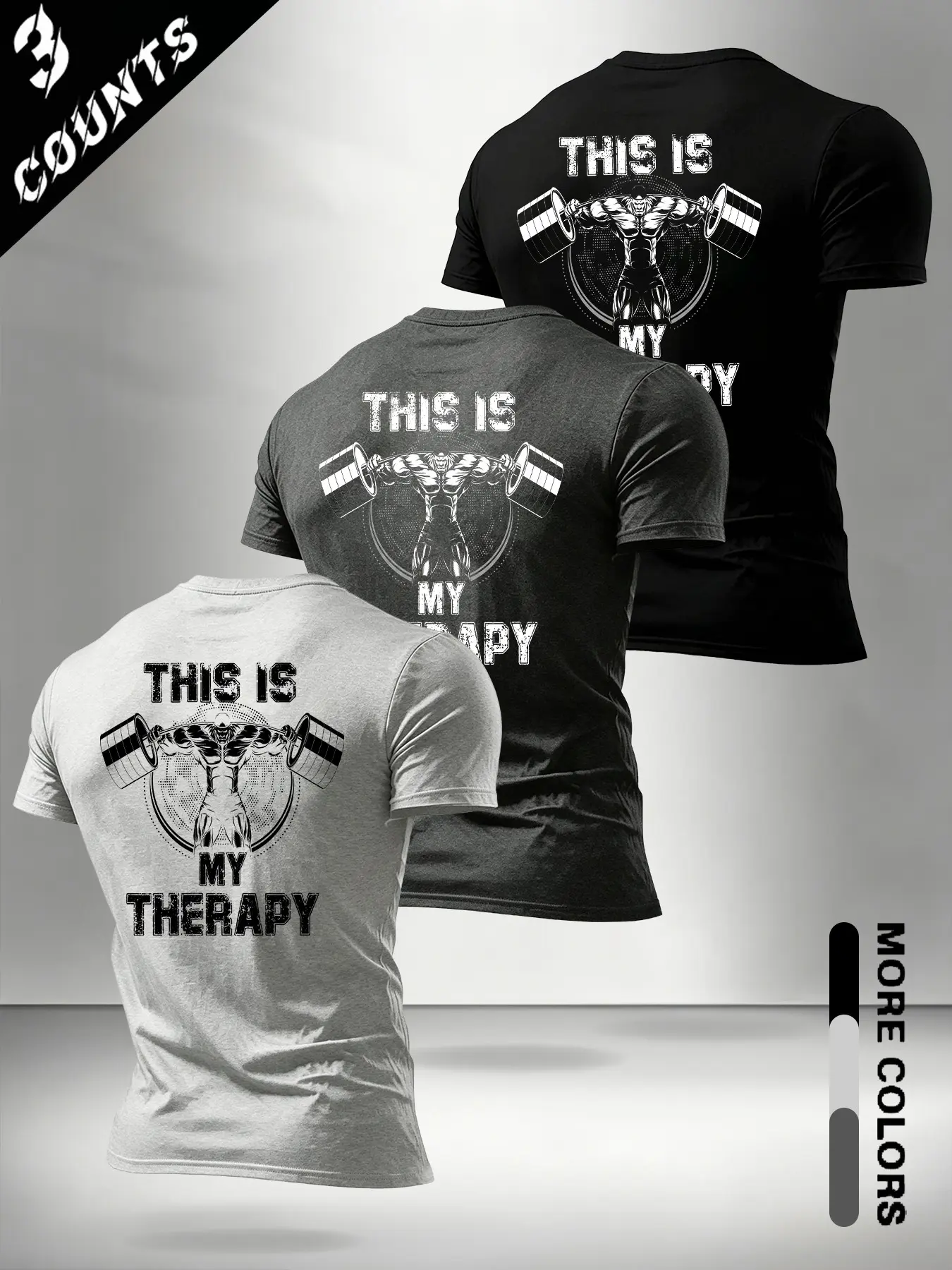 3-Pack Men's Motivational Bodybuilding Short Sleeve Tees, This Is My Therapy Dumbbell Muscle Man Back Print Street Gym Daily Tops