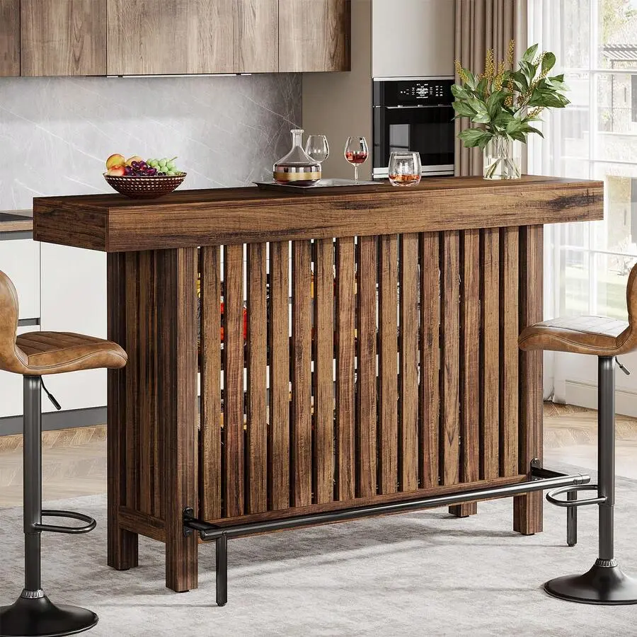 63-Inch Large Home Bar Unit, Modern 2-Tier Bar Table With Footrest, Corner Mini Coffee Bar Cabinet Home Pub, Dining Room, Living Room, Brown