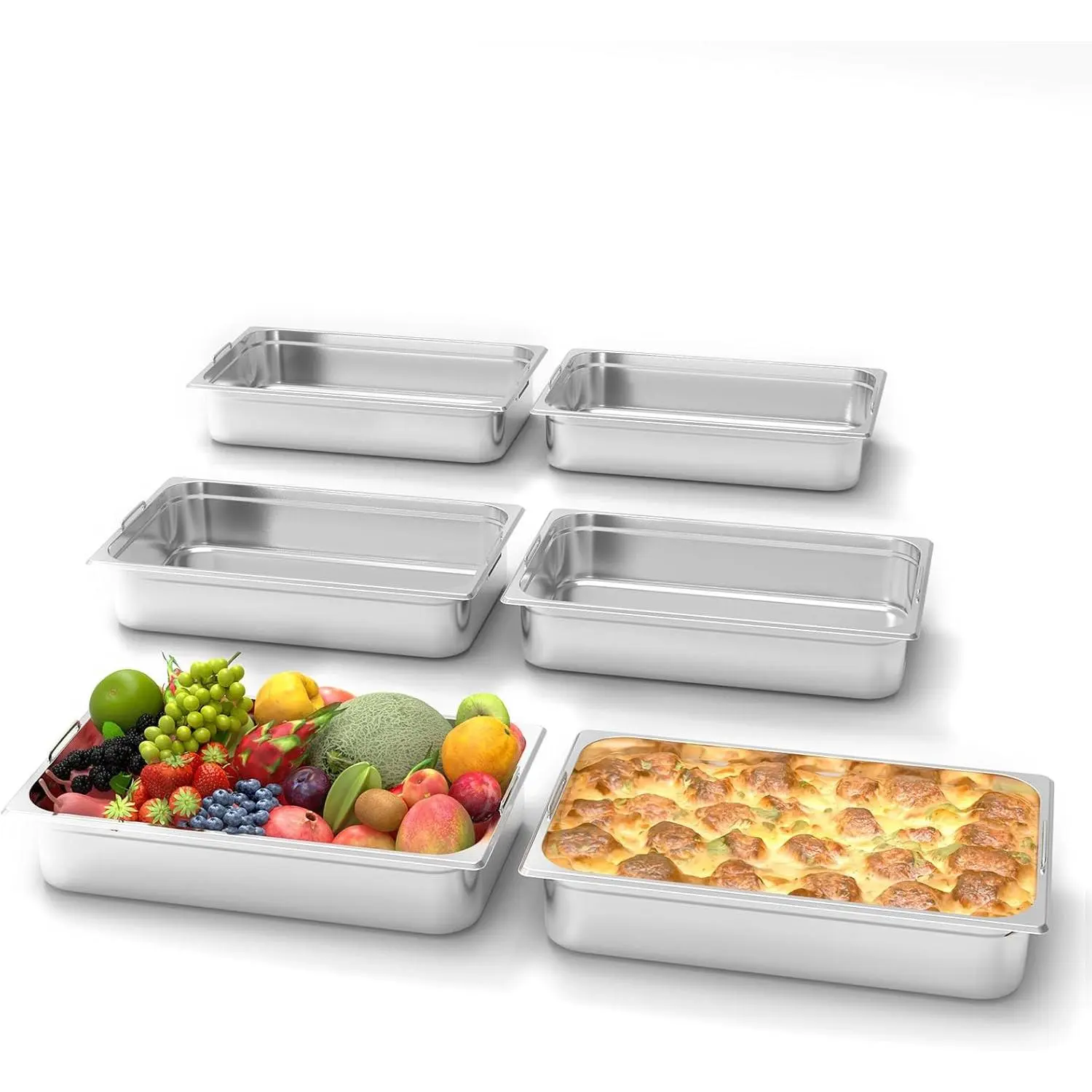 6 Pack Full Size 4" Deep Stainless Steel Hotel Steam Table Pans with Handle Anti-Jam Catering Trays for Restaurant Buffet Party