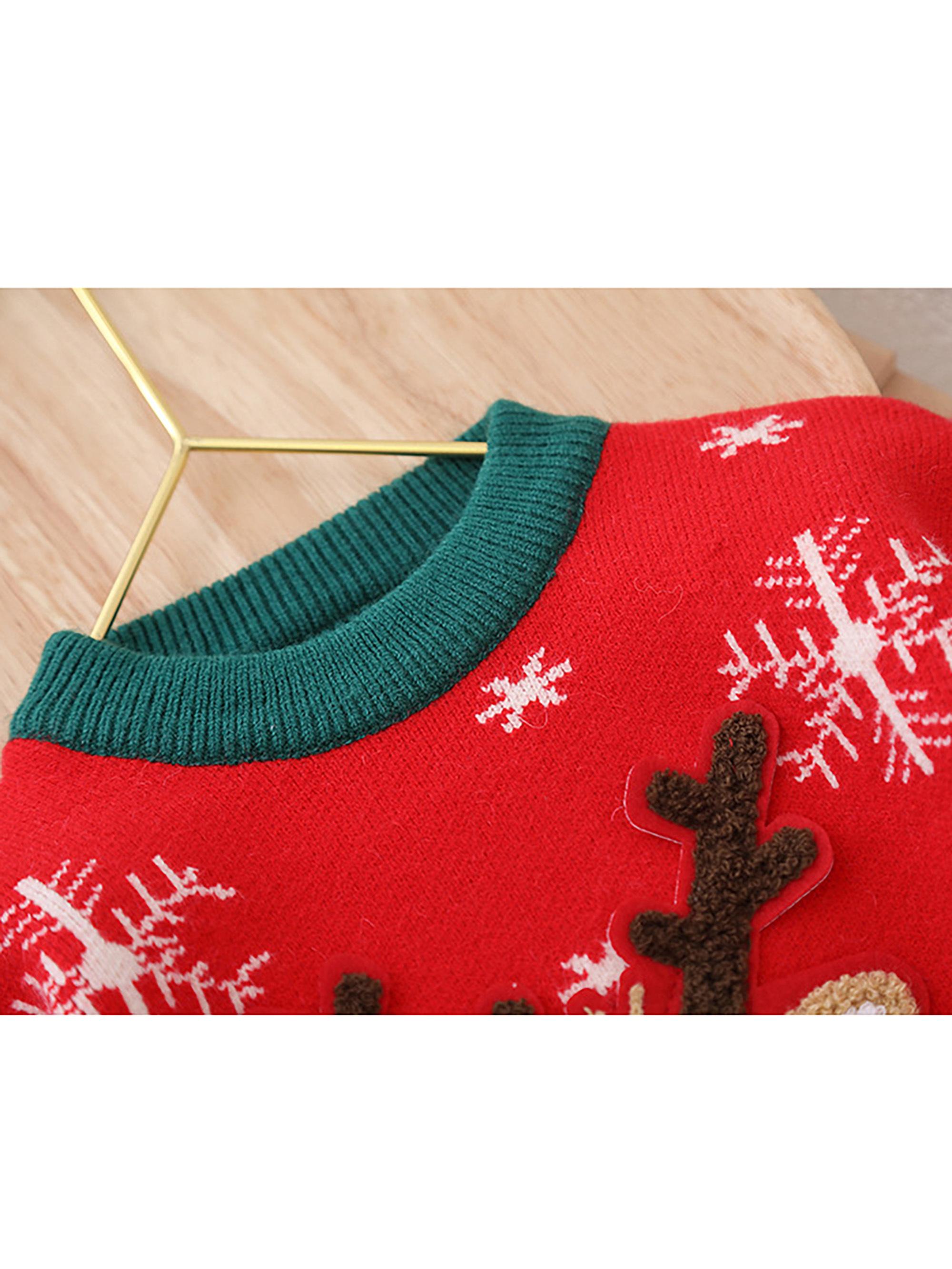 Girls' Christmas Sweater Dress with Snowflake & Reindeer Patterns, Color-Block Pullover Jumper, Loose Fit Round Neck Winter Outfits for Girls & little girls (Hand Washable)