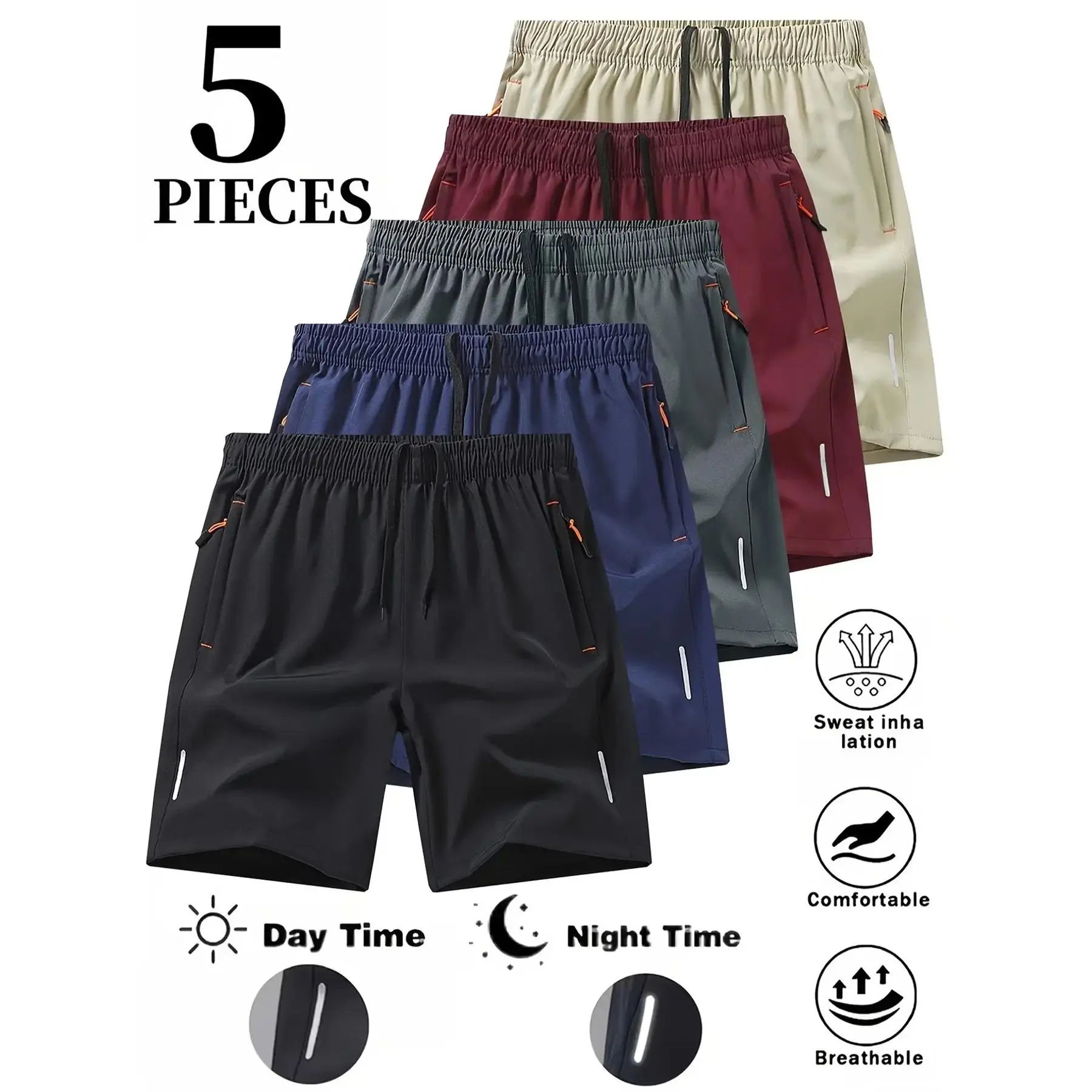 Men's 5-Pack Dry-Fit Body-Fitting Solid Color Athleisure Gym Shorts - Mens Clothing, Breathable Bottoms with Zippered Pockets, Drawstring Waist, Multi-Size, Pocketed for Gym & Outdoor Wear,father'sdaygifts