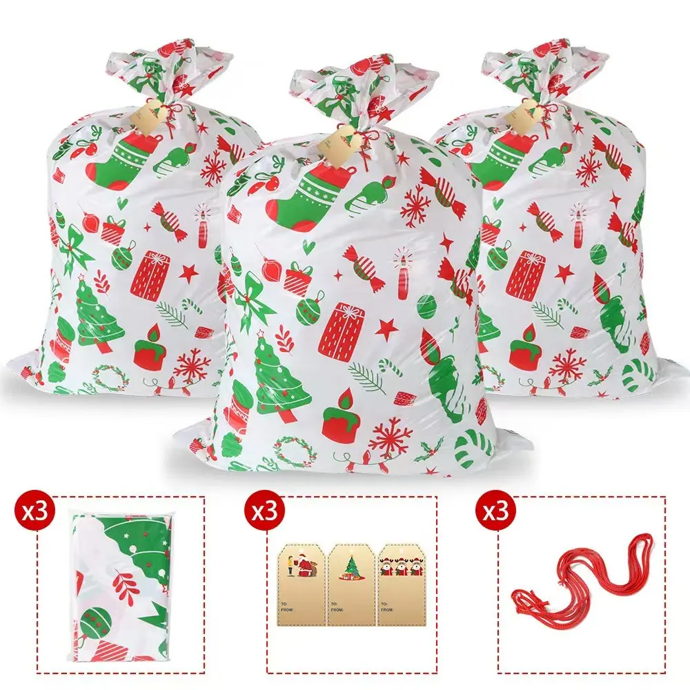 3Pcs Jumbo Christmas Gift Bags with Tags and Ties, Large Plastic Holiday Present Sacks, Giant Gift Wrapping Bags for Big Toys, Christmas Party Favor Supplies