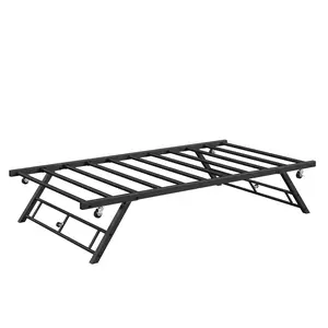 Twin Metal Day Bed Frame with Pop Up Lockable Caster Trundle Stand Up Design Metal Slat Support, Black/Brown