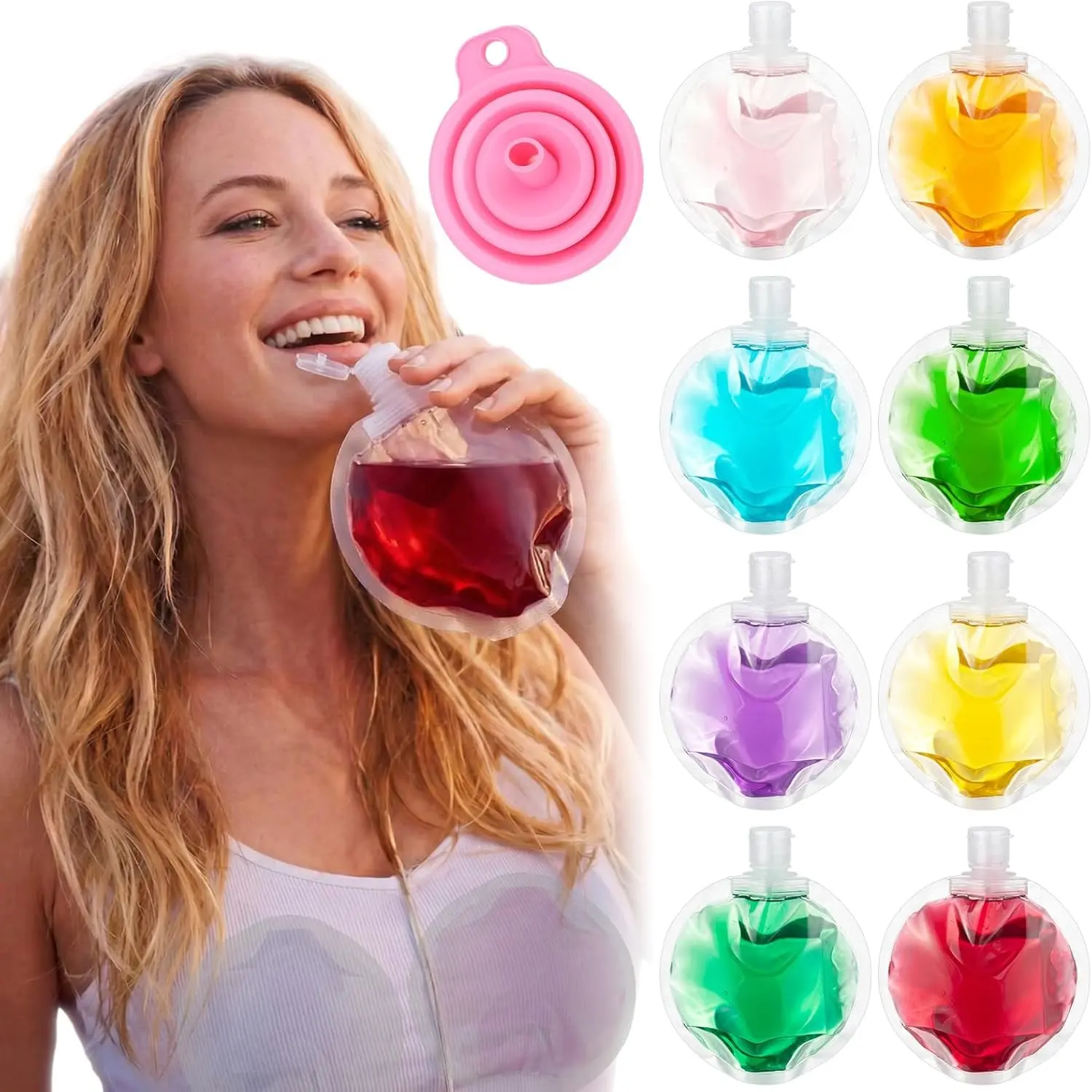 10 Pcs Plastic Flasks, 3 Oz Concealable and Reusable Drink Pouches with Pink Funnel, Juice Liquid Bags Bra Hidden Flasks for Bar Party Gifts, Cruise Activities