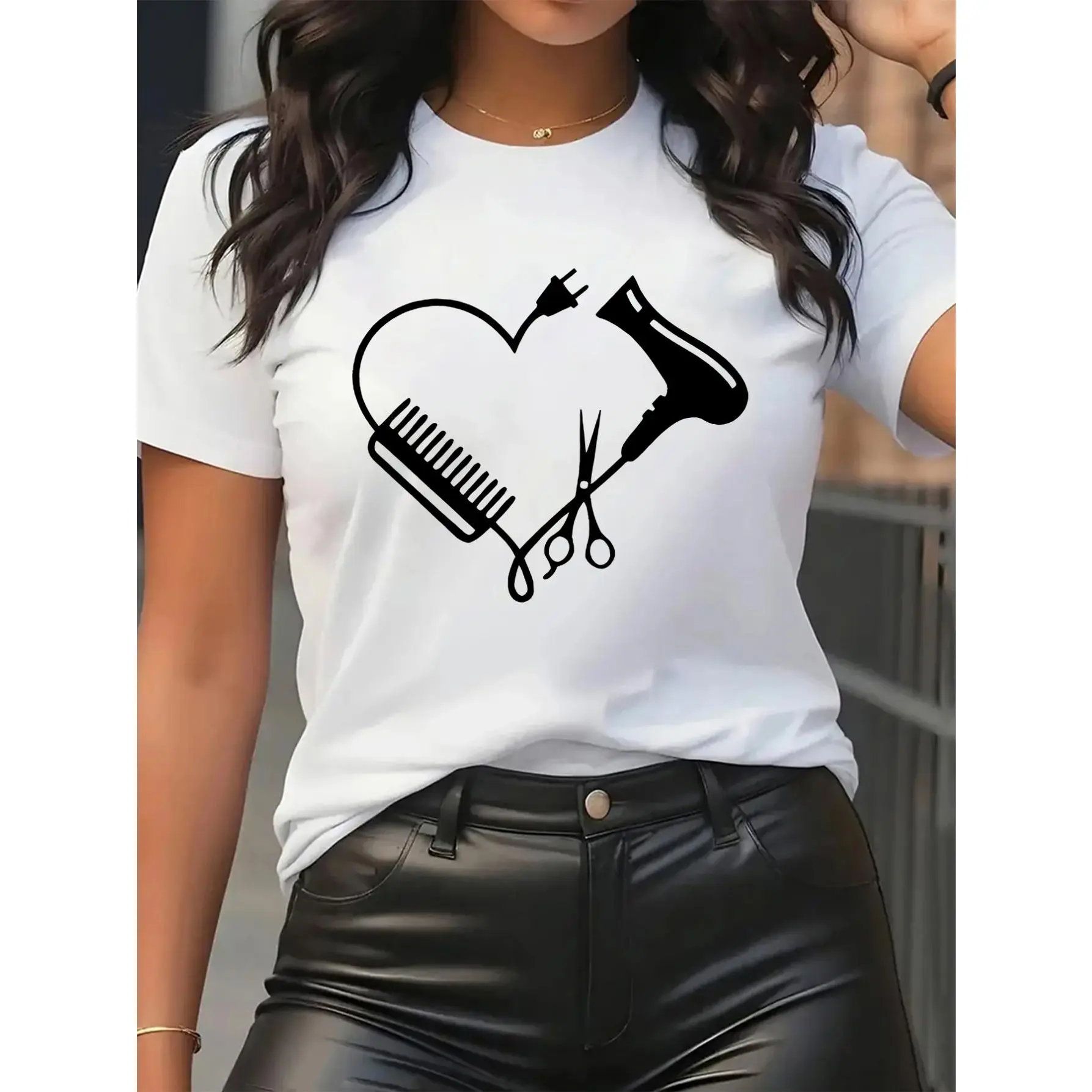 Women’s Hair Stylist Heart Graphic T-Shirt, Hair Dryer Scissors Comb Print Short Sleeve Crew Neck Tee, Hairdresser Salon Lover Shirt, Gift for Hairstylists