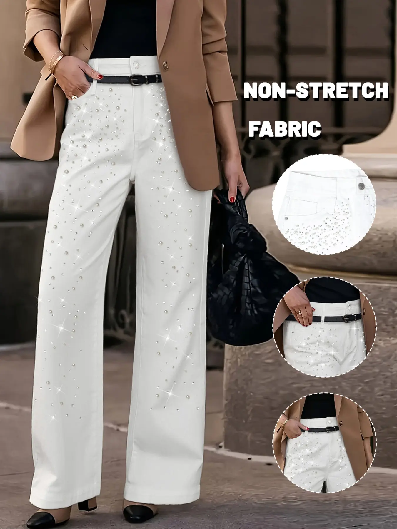 GILIPUR Women High Waisted White Wide Leg Jeans Pearl Rhinestone Embellished Sparkly Denim Pants Casual Party Streetwear Straight Leg Trousers TChic