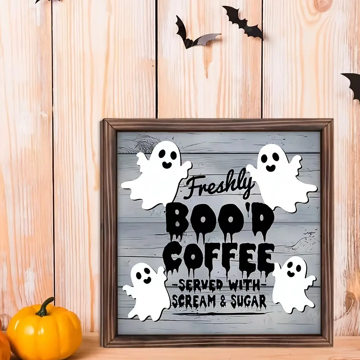 3D Ghost Coffee Wooden Frame Decorative Plaque Sign, Halloween Wall Hanging, Vintage Farmhouse Style, Spooky Season Home Desk Decoration Gift