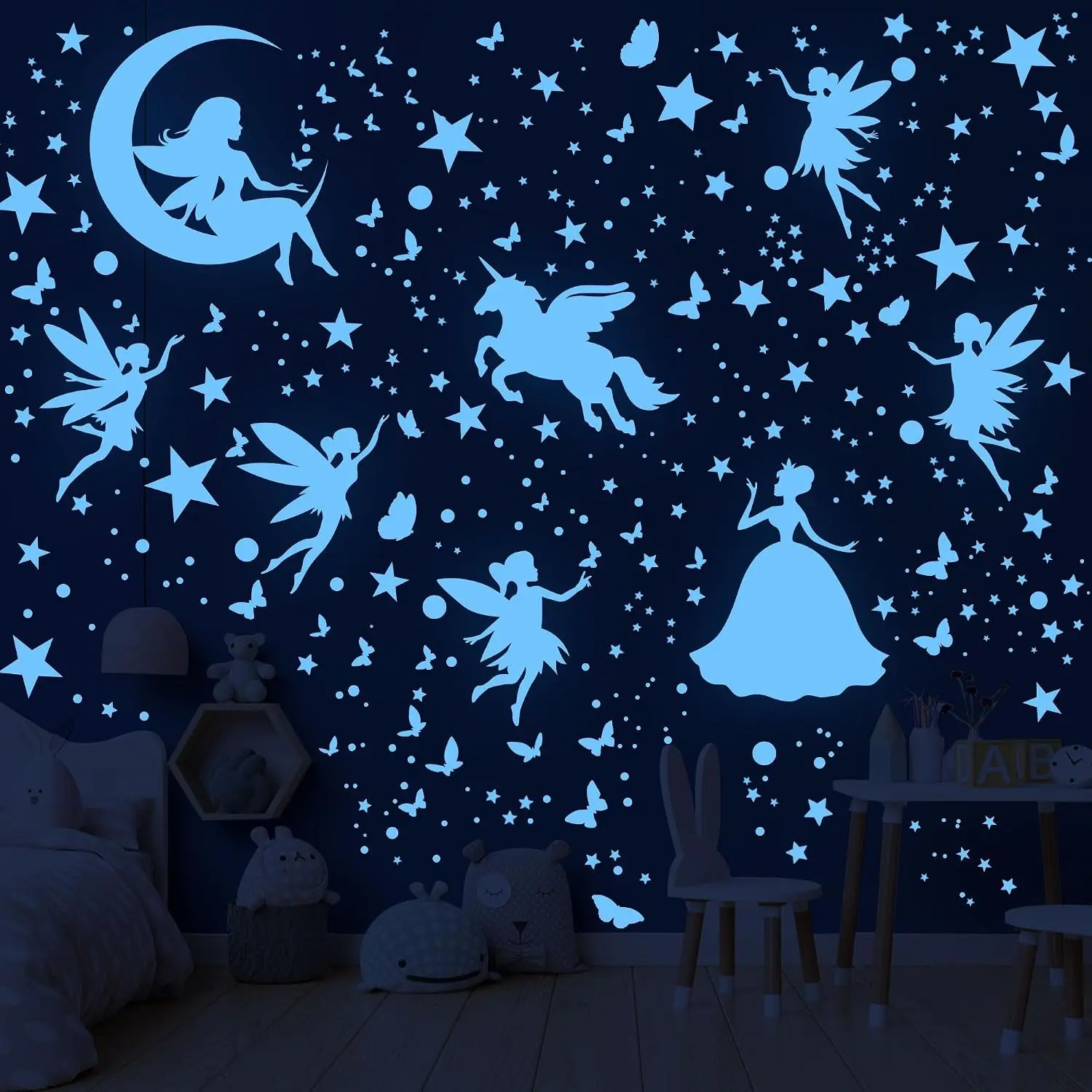 Glow in the Dark Unicorn Stars Wall Decals for Girls Bedroom - Fairy Butterfly & Space Galaxy Stickers for Ceiling, Kids Nursery and Living Room Decor(Gift)