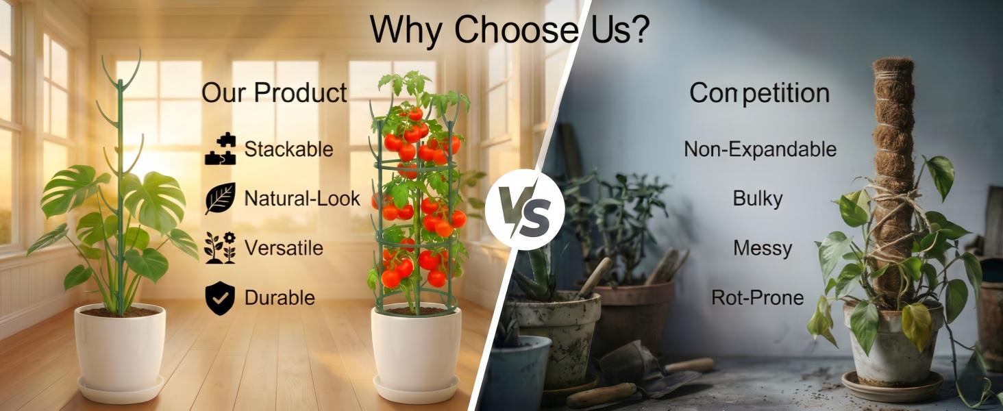 10-Pack Monstera Plant Stakes - Stackable Sticks for Indoor Plants up to 25" - Poles & Trellis with Tape & Twist Tie for Climbing Vines