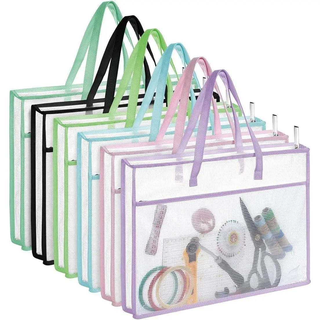 6 PCS Sew Project Bags for Quilting, Needlepoint Project Bag | PVC Mesh, Two-Pocket Storage, Wide Opening, Label Pockets for Quilting, Embroidery and Crafts,17.7 x 13 x 2.8 in