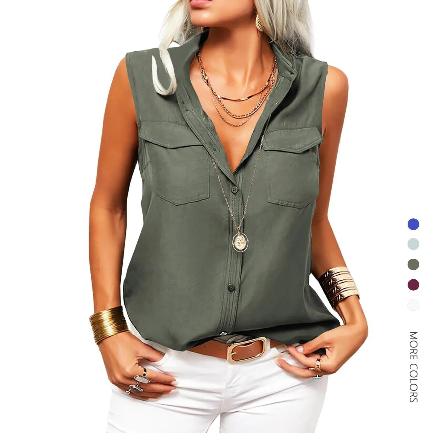 Women's Solid Polyester Sleeveless Button-Down Blouse with Lapel Collar and Pockets, Lady's Casual Office Top, Shirts, Layering Outfits, Style Inspo, Going Out, Ootd Ideas, Office Ootd, Dress Casual, Basics, Tank Top, Wardrobe Staples, Lapel Neck, Holiday