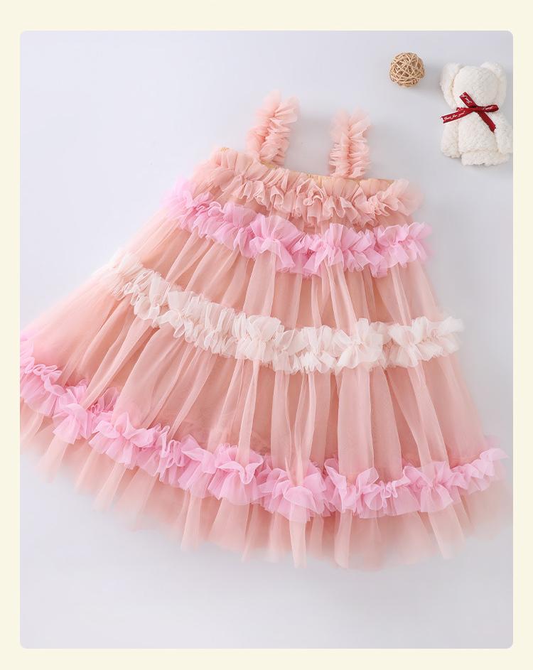 Girls' birthday princess dress rainbow pink strap tulle dress outdoor princess photoshoot high-end fashionable lace dress for girls