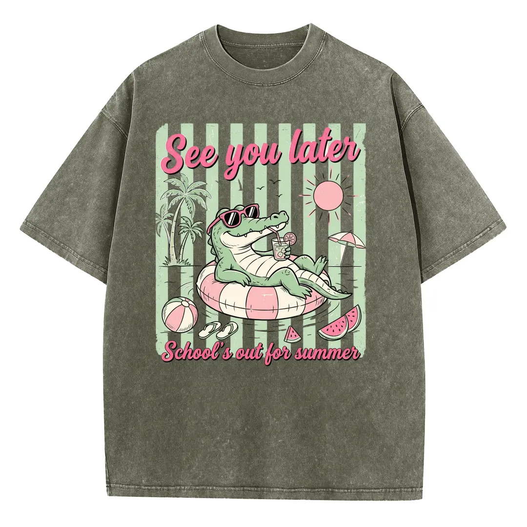 Women's Comfortable Short-Sleeve Croc Graphic Print Vintage Acid Washed Heavy Cotton Loose-Fit Foldable T-Shirt - Thanksgiving Streetwear, Casual All-Season Basic Style Top