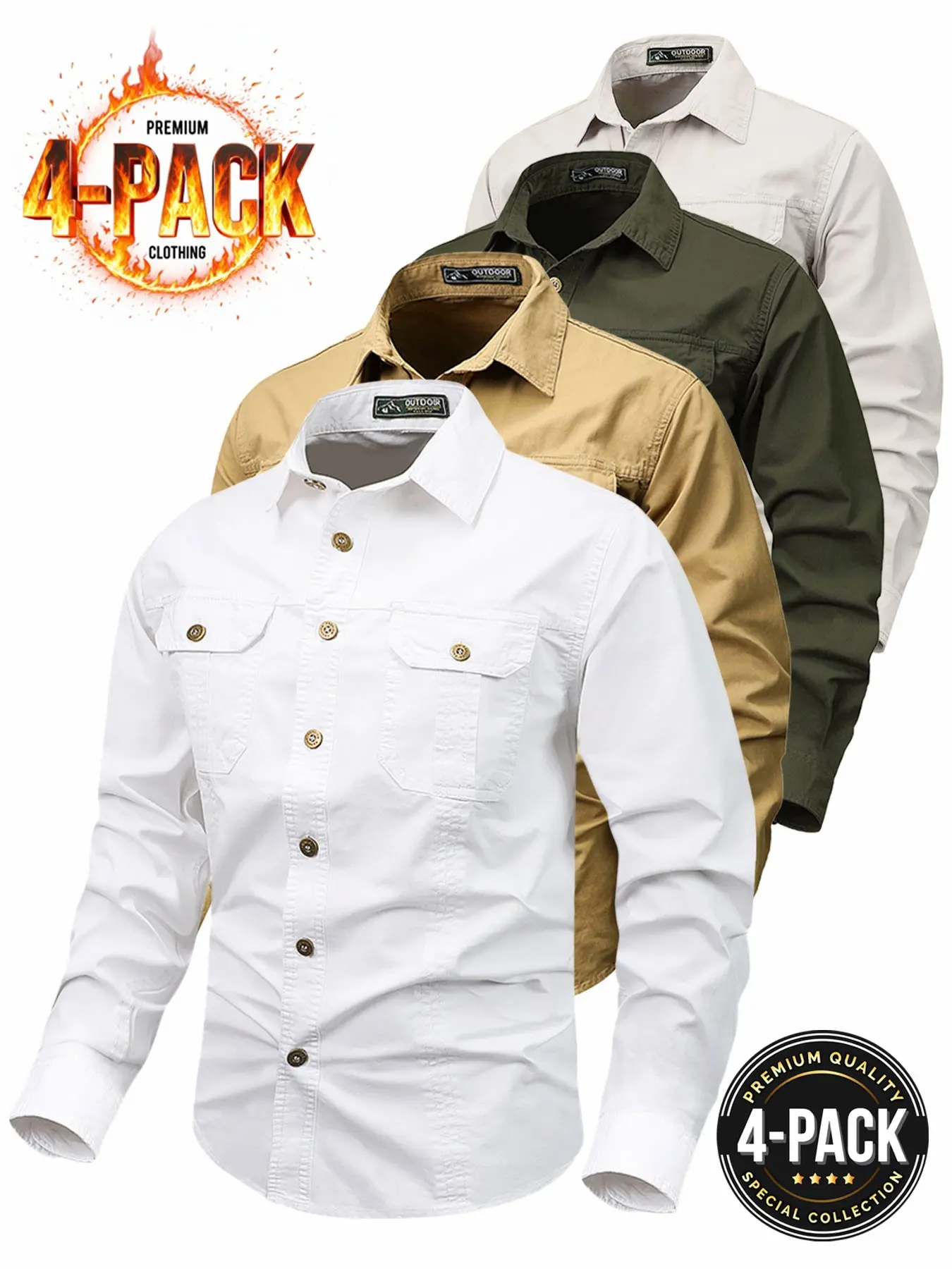 Men's 4-Pack Long Sleeve Work Shirts, Chest Pocket Shirt, Durable Wrinkle-Resistant Fabric, Dual Patch Pockets, Perfect for Construction & Outdoor Activities Top
