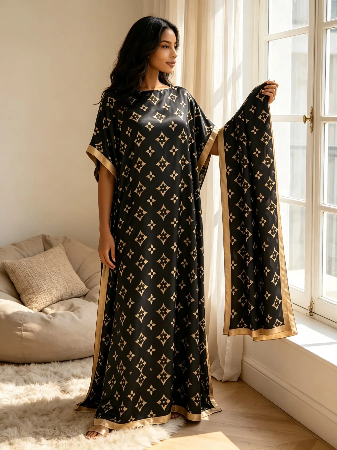 Plus Size Women's Two-Piece Satin Kaftan Set, Champagne Gold Clover Letter Print, Loose-Fit Home & Beach Resort, Casual Kaftan Dress