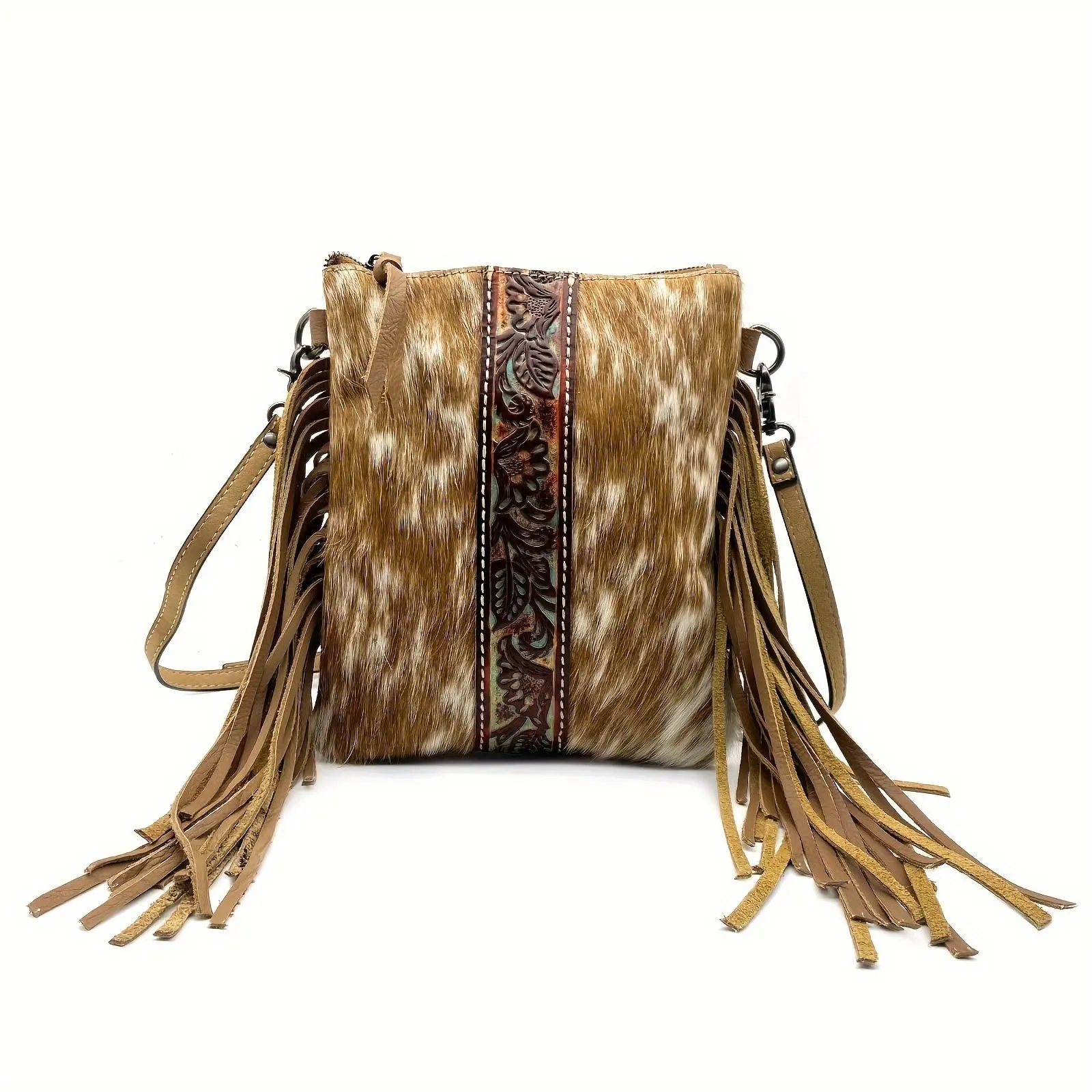 Western Floral Embossed Tassels Men Cowhide Crossbody Messenger Bag Horsehair Handbag Genuine Leather Fringe Clutch Purse Phone Bag Shoulder Bags