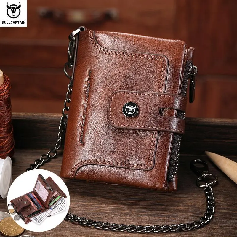 BULLCAPTAIN Men's Genuine Leather Wallet - Business Retro Snap, RFID Anti-Theft, Multifunctional Zipper Multi-Card Coin Purse