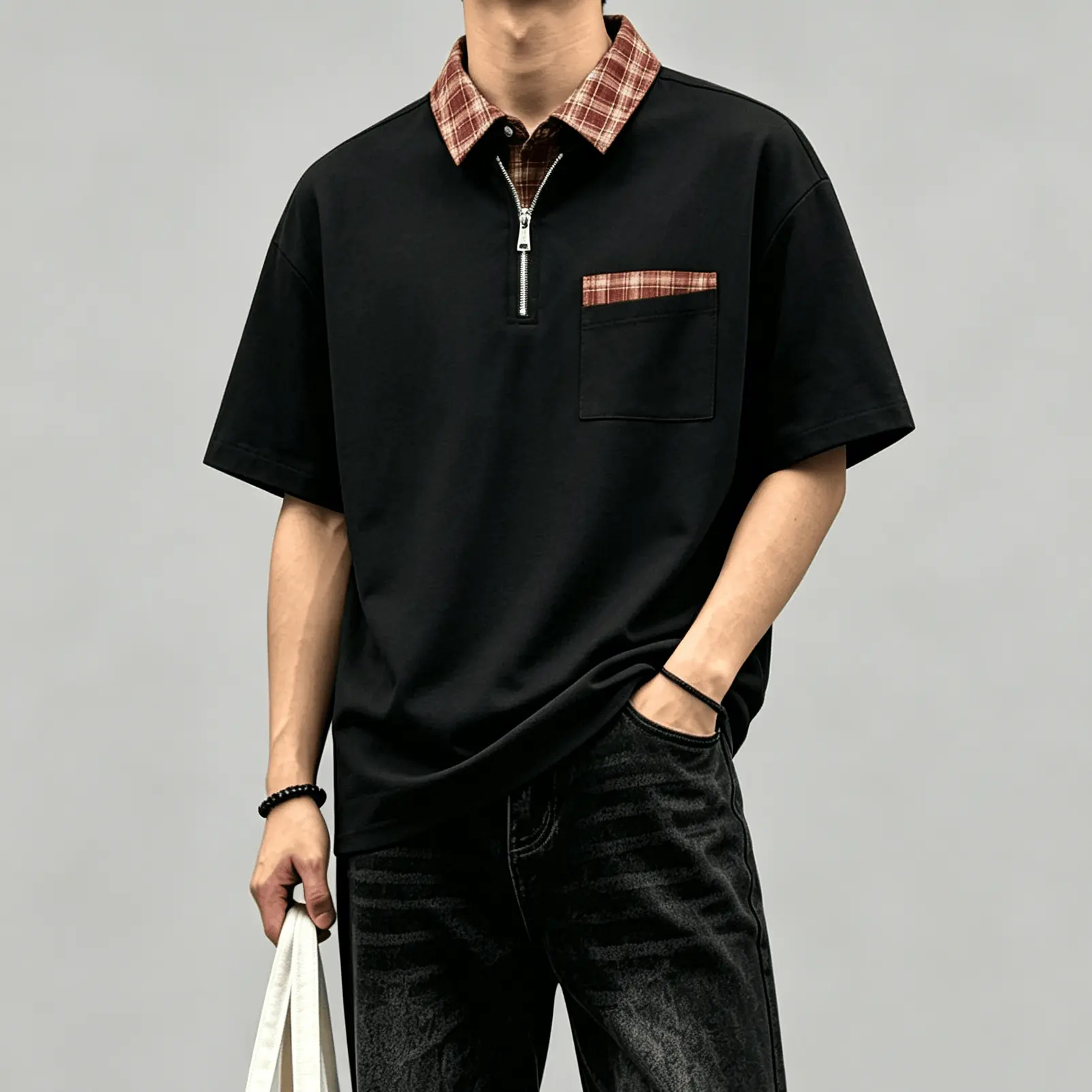Men's Oversized Half-Zip Polo Shirt, Preppy Retro Streetwear Top with Plaid Contrast Collar and Chest Pocket, Zipper, Half-Zip Front, Patch Pocket, Button