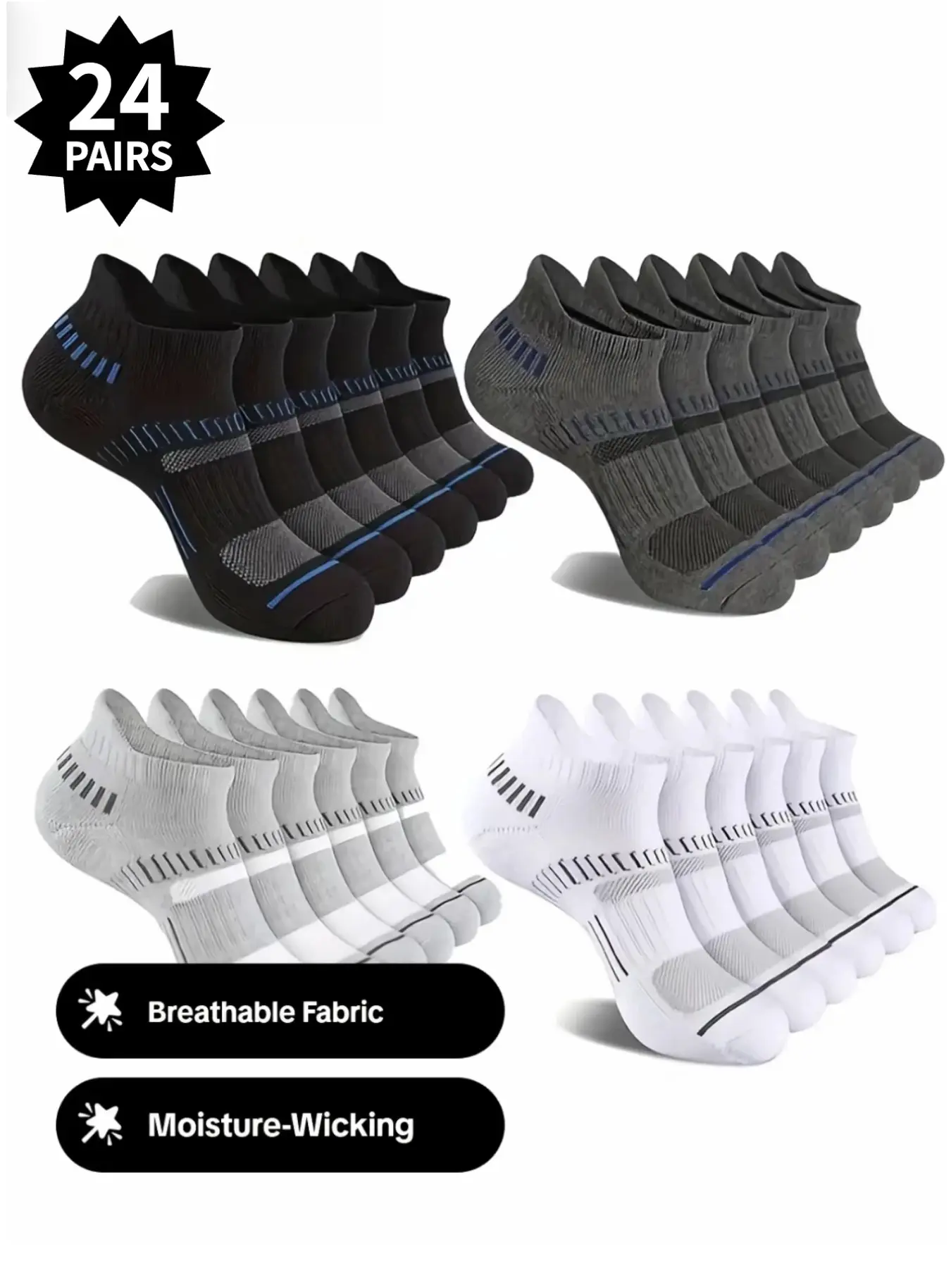 24 Pairs Men's Striped Print Ankle Socks, Casual Comfortable Breathable Moisture Wicking Socks, Sporty Track Socks, Athletic Running Socks, Athletic Sports Socks for Men