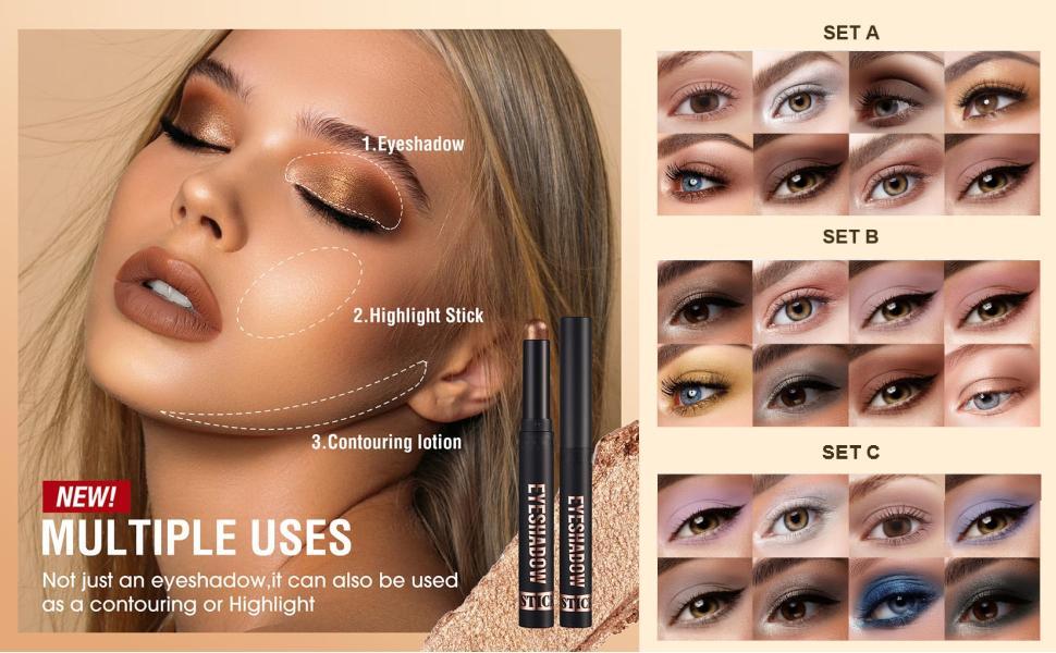 Cream Eyeshadow Stick Gift Set, 8 PCS Soft Smooth Matte Earth & Bright Metal Color Contour Sticks, Waterproof & Long-Lasting