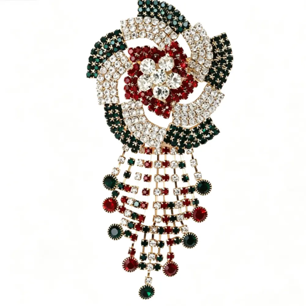 Multi Color Crystal Spiral Flower Tassel Brooch Unisex Gold Fringe Lapel Pin Gift