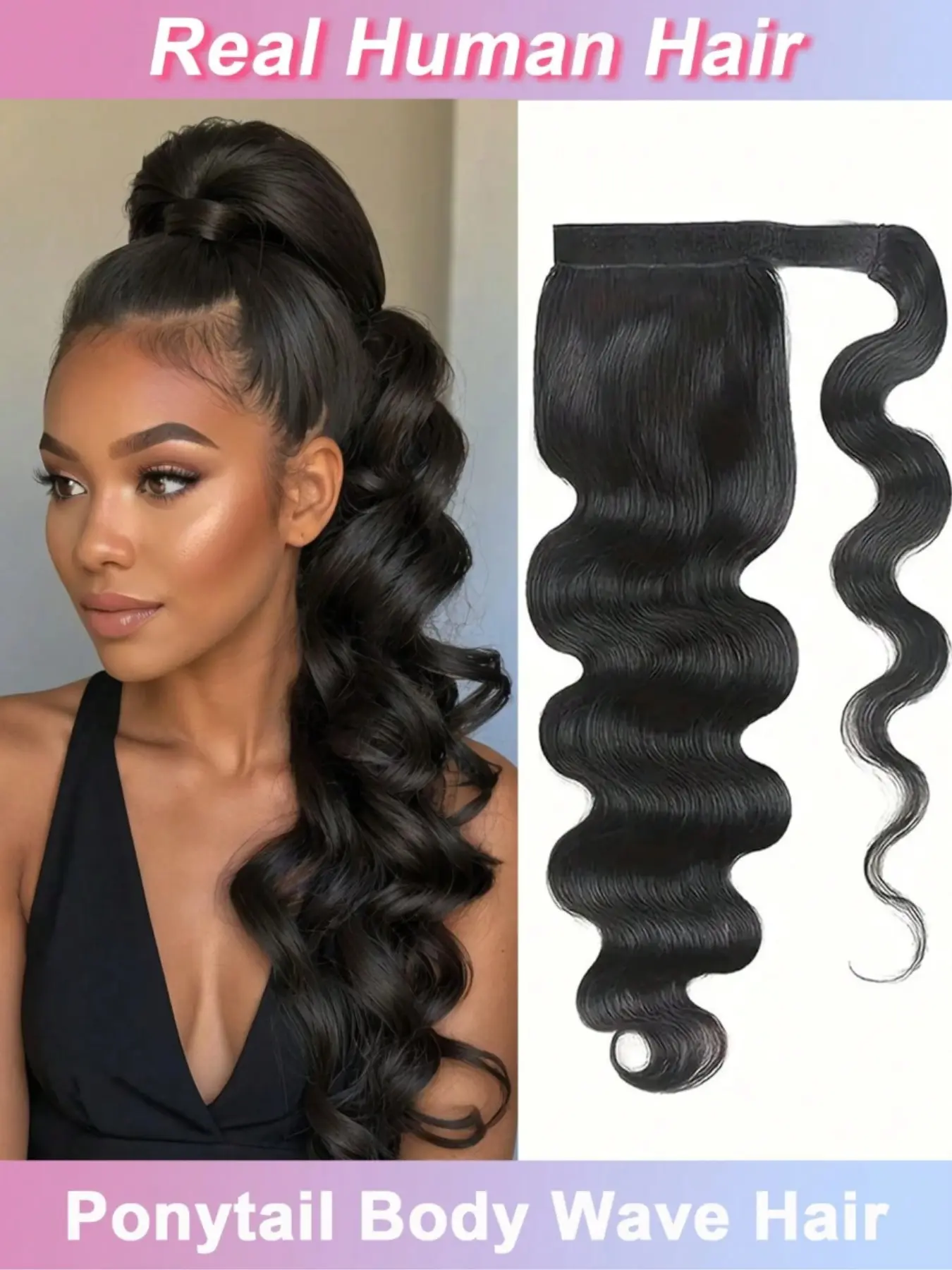 Body Wave Ponytail Hair Extension 90g, Real Human Hair Clip-In Ponytail, Natural, True Hair Piece for Styling