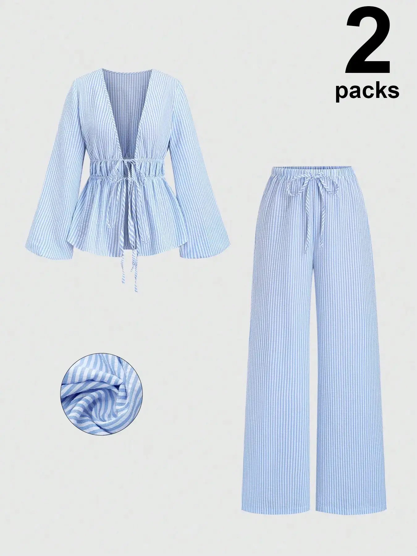 Women's Two-Piece Set, Striped Cardigan Shirt Waist Cinch Top Long Sleeve, Loose Wide Leg Pants, Casual Style, Daily, Clothes