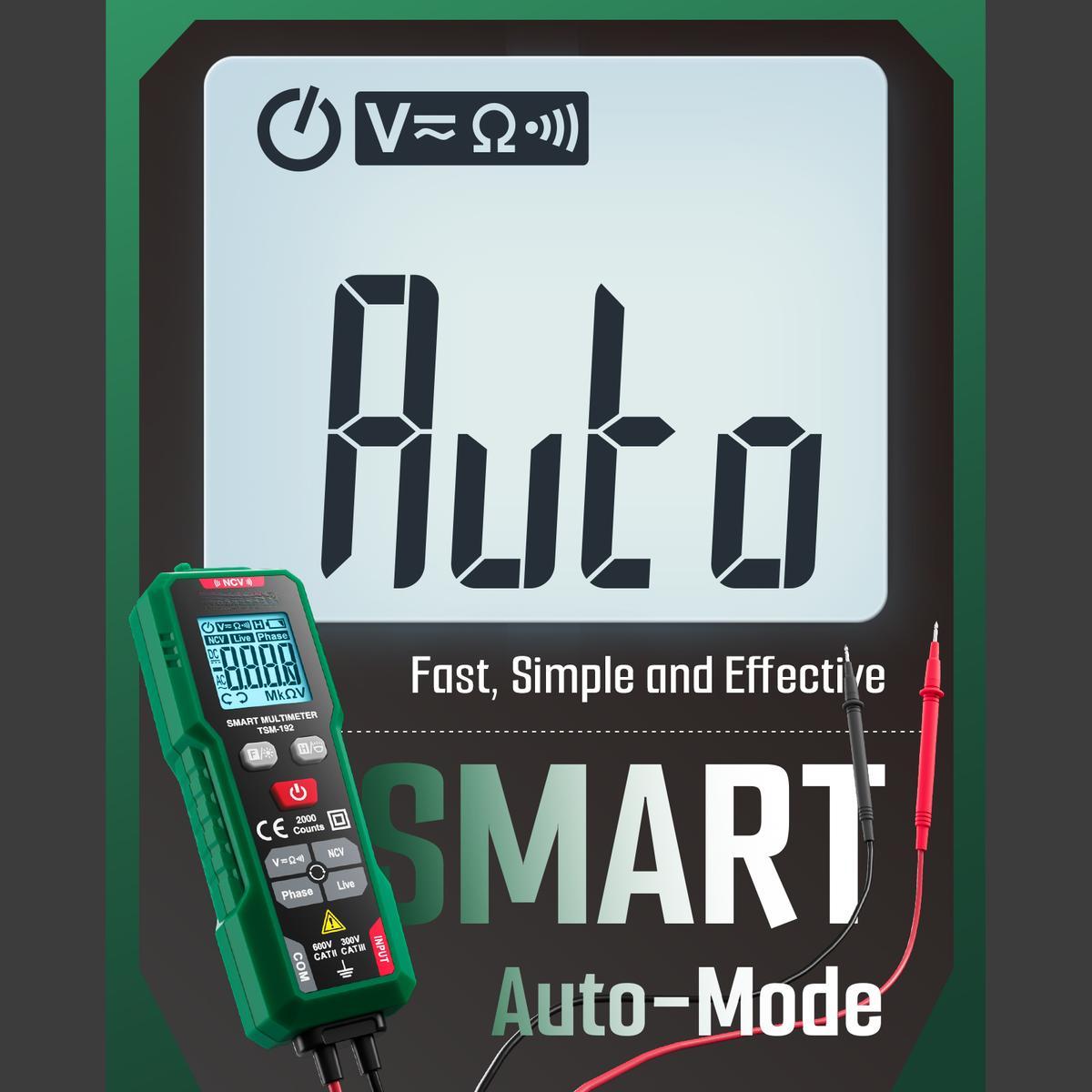 Smart Digital Multimeter, 2000 Counts, Auto-Ranging Voltmeter, Non-Contact Voltage Tester, Measure AC/DC Voltage, Resistance, Continuity, Phase, Live Wire