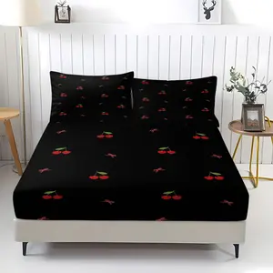 Cherry print pattern bed sheet, including 1 bed sheet and 2 pillowcases, anti slip dust cover suitable for bedrooms and guest rooms, suitable for personal use or gift giving, Complete Sheet Set