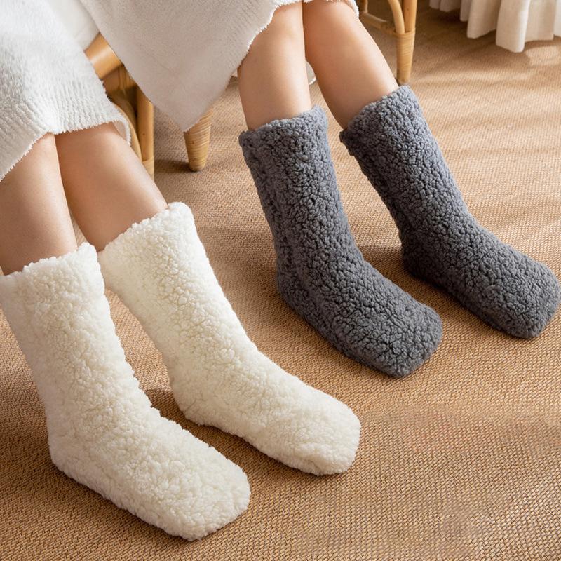 1pair Thickened Winter Woven Thermal Cashmere Floor Socks Solid Color Velvet Carpet Sleep Socks Anti Slip Floor Slipper Sock