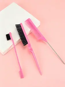 3Pcs Pink Styling Comb Set (Rat Tail Comb + Double-Sided Edge Brush + Detangling Comb), Cute Minimalist Design, Multi-Functional Sectioning & Gentle on Hair, Tools for Wig Styling, Baby Hair & Braiding